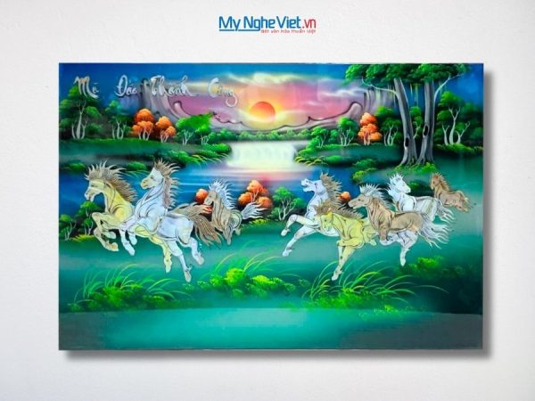 Tranh Sơn Mài Mã Đáo Thành Công Cẩn Ốc Nền Xanh