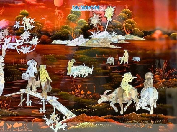 Tranh Sơn Mài Đồng Quê Cẩn Ốc Nền Ấm