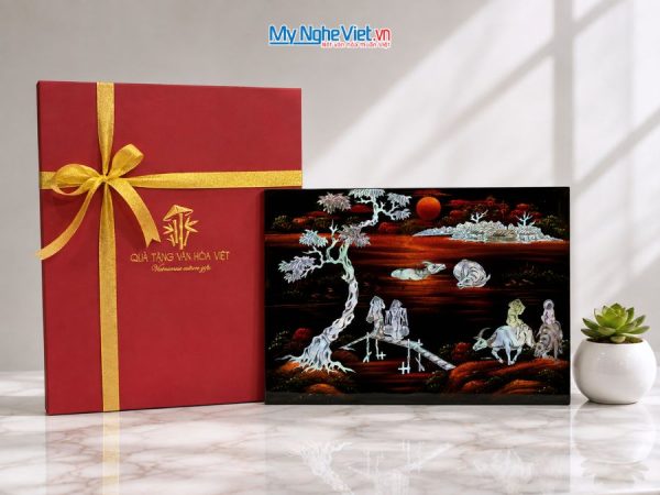Tranh Sơn Mài Ngư Ông Câu Cá Cẩn Ốc Chìm Nền Ấm