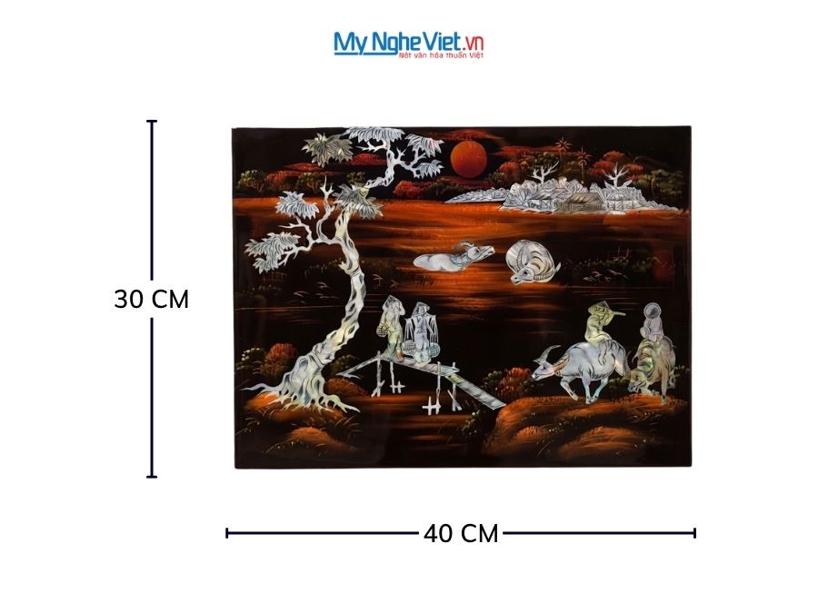Tranh Sơn Mài Đồng Quê Cẩn Ốc Chìm Nền Ấm