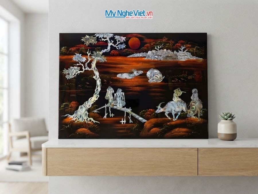 Tranh Sơn Mài Đồng Quê Cẩn Ốc Chìm Nền Ấm