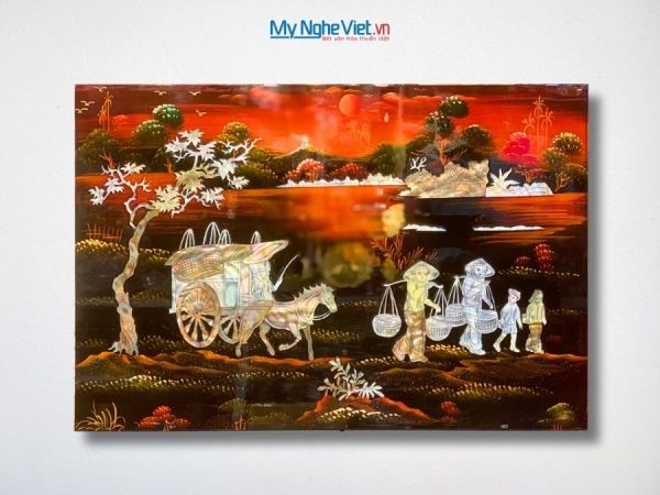 Tranh Sơn Mài Đồng Quê Cẩn Ốc Nền Ấm