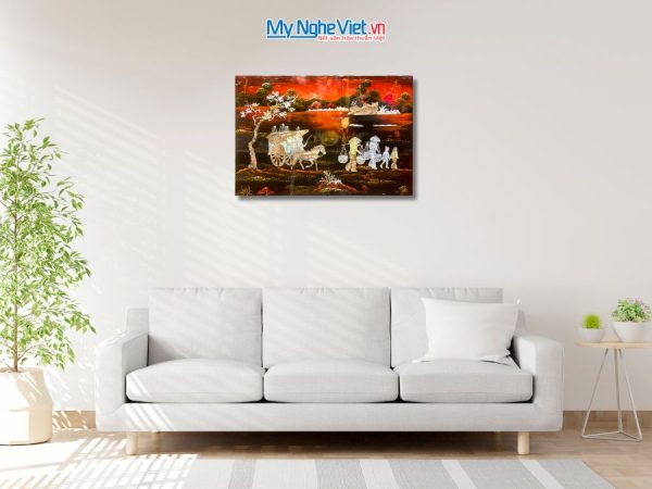 Tranh Sơn Mài Đồng Quê Cẩn Ốc Nền Ấm