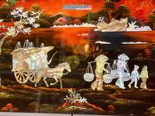 Tranh Sơn Mài Đồng Quê Cẩn Ốc Nền Ấm
