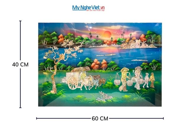 Tranh Sơn Mài Đồng Quê Cẩn Ốc Nền Xanh