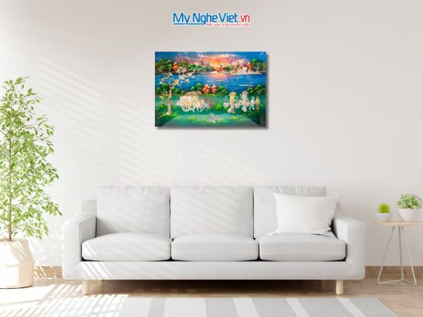 Tranh Sơn Mài Đồng Quê Cẩn Ốc Nền Xanh