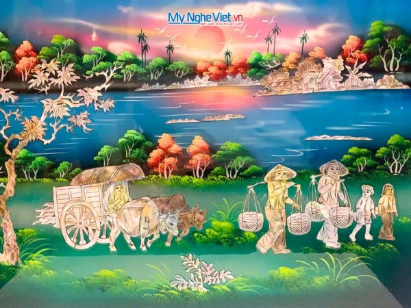 Tranh Sơn Mài Đồng Quê Cẩn Ốc Nền Xanh