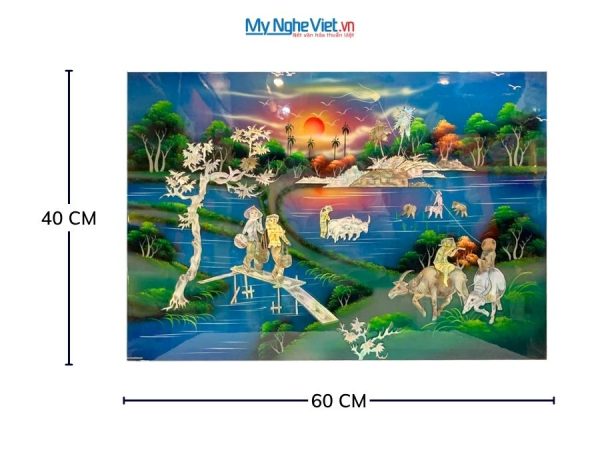Tranh Sơn Mài Đồng Quê Cẩn Ốc Nền Xanh