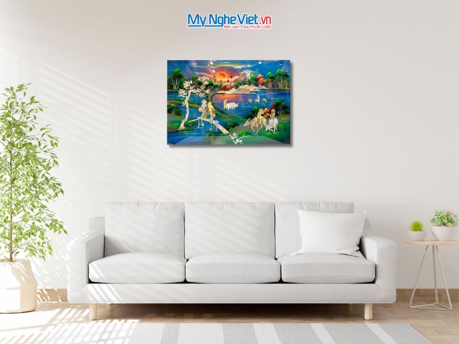 Tranh Sơn Mài Đồng Quê Cẩn Ốc Nền Xanh