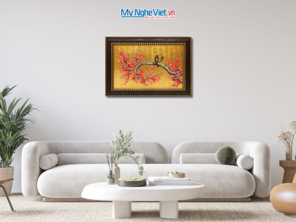 Tranh Sơn Mài Hoa Đào Và Chim Uyên Ương