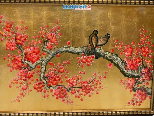 Tranh Sơn Mài Hoa Đào Và Chim Uyên Ương
