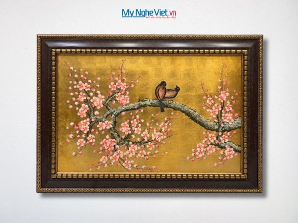Tranh Sơn Mài Hoa Đào Và Chim Uyên Ương