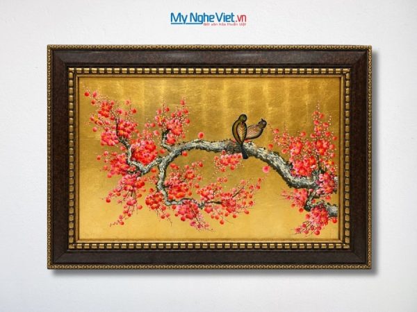 Tranh Sơn Mài Hoa Đào Và Chim Uyên Ương