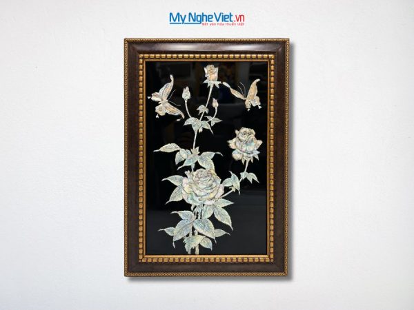 Tranh Sơn Mài Hoa Hồng Cẩn Ốc Nền Đen