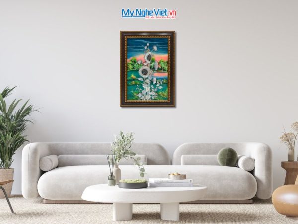Tranh Sơn Mài Hoa Hướng Dương Cẩn Ốc Nền Xanh