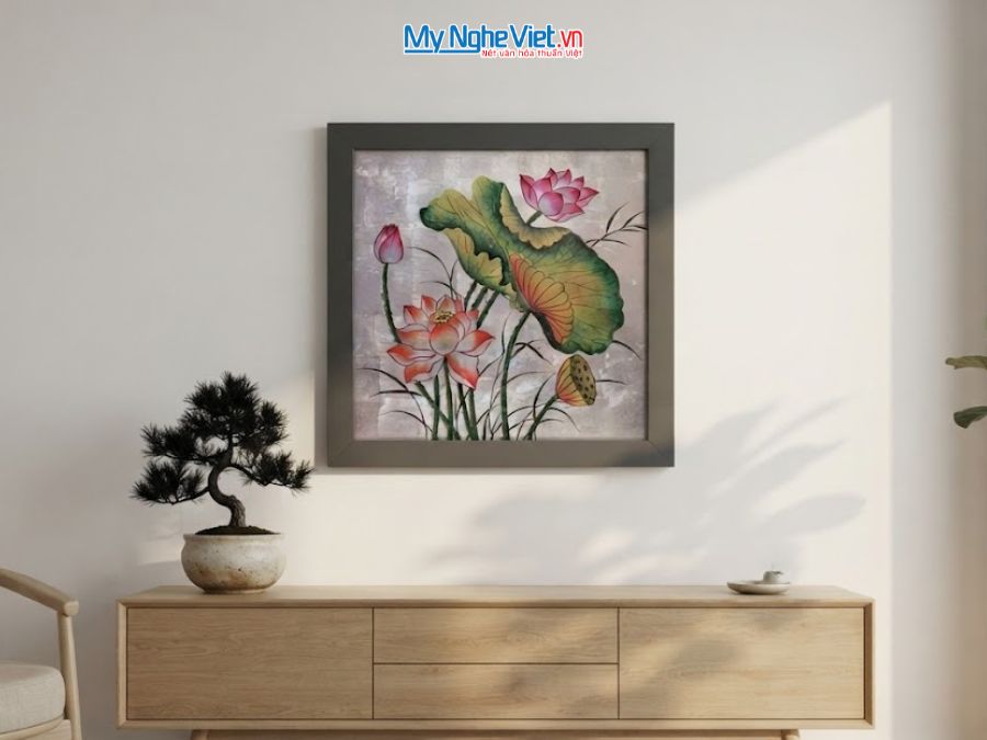 Tranh Sơn Mài Hoa Sen Dát Bạc