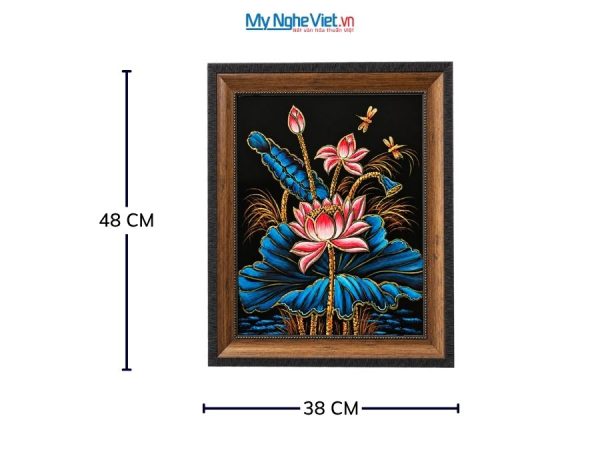 Tranh Sơn Mài Hoa Sen Nền Xanh Đen Cao Cấp