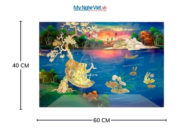 Tranh Sơn Mài Ngư Ông Câu Cá Cẩn Ốc Nền Xanh