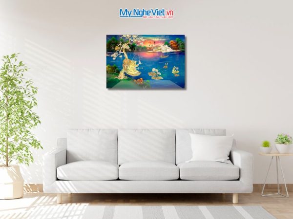 Tranh Sơn Mài Ngư Ông Câu Cá Cẩn Ốc Nền Xanh