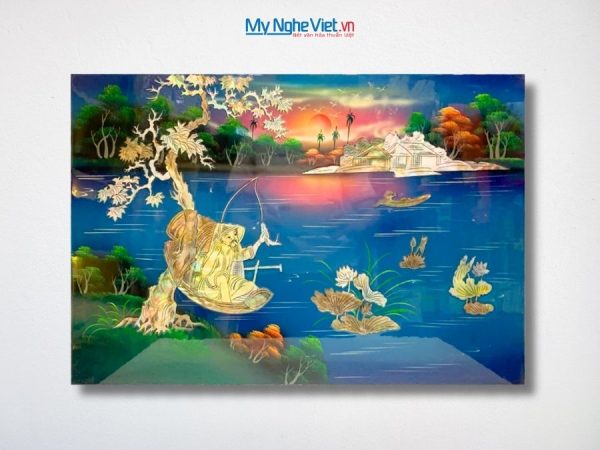 Tranh Sơn Mài Ngư Ông Câu Cá Cẩn Ốc Nền Xanh