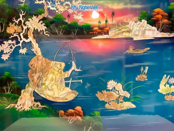 Tranh Sơn Mài Ngư Ông Câu Cá Cẩn Ốc Nền Xanh