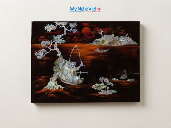 Tranh Sơn Mài Ngư Ông Câu Cá Cẩn Ốc Chìm Nền Ấm