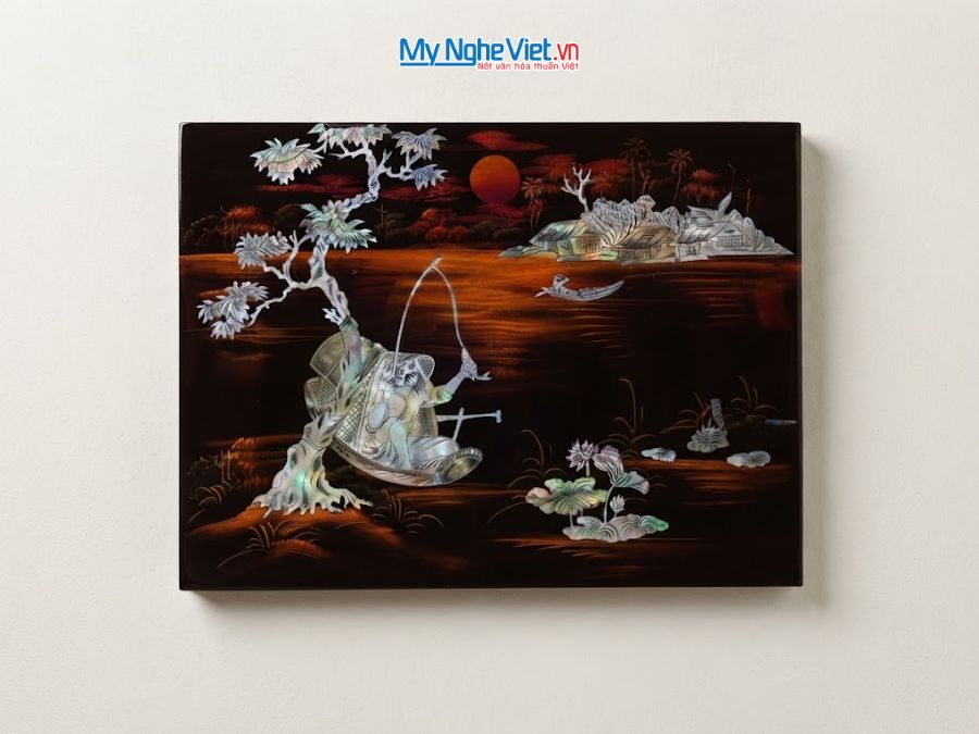 Tranh Sơn Mài Ngư Ông Câu Cá Cẩn Ốc Chìm Nền Ấm