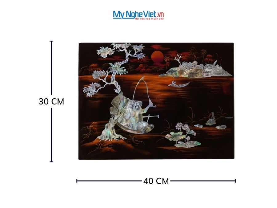 Tranh Sơn Mài Ngư Ông Câu Cá Cẩn Ốc Chìm Nền Ấm