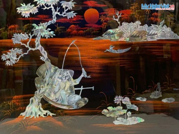 Tranh Sơn Mài Ngư Ông Câu Cá Cẩn Ốc Chìm Nền Ấm