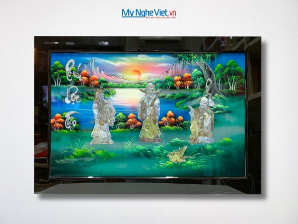 Tranh Sơn Mài Phúc Lộc Thọ Cẩn Ốc Nổi Nền Xanh