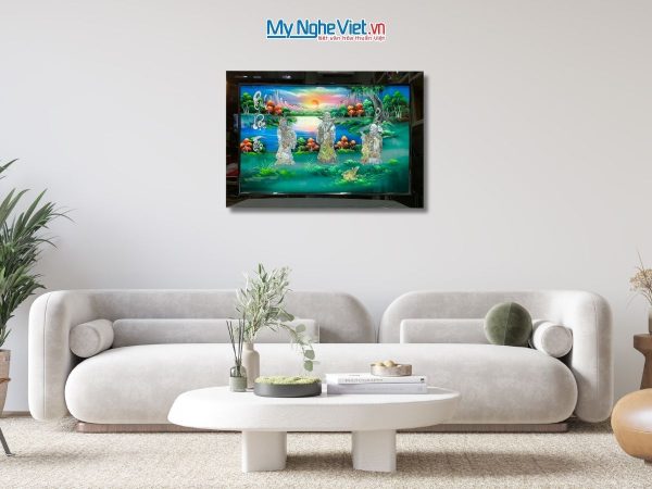 Tranh Sơn Mài Phúc Lộc Thọ Cẩn Ốc Nổi Nền Xanh