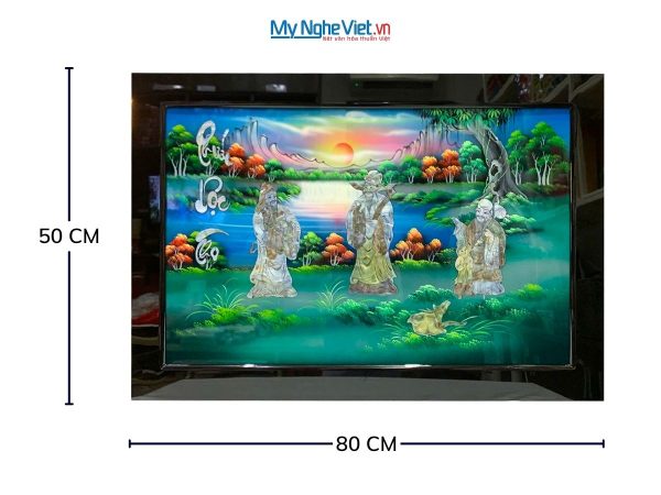 Tranh Sơn Mài Phúc Lộc Thọ Cẩn Ốc Nổi Nền Xanh
