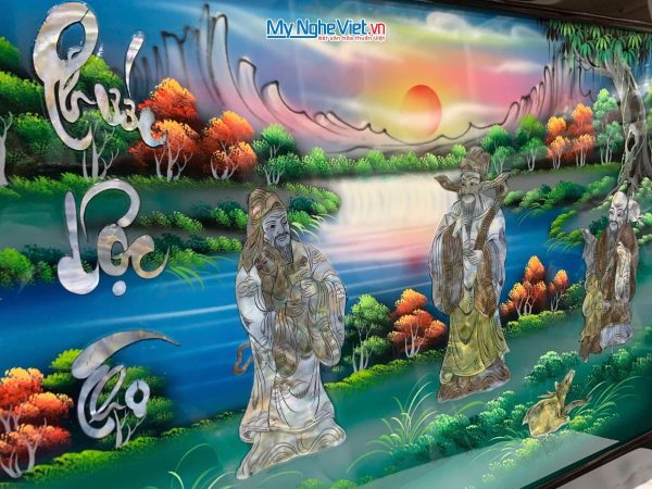 Tranh Sơn Mài Phúc Lộc Thọ Cẩn Ốc Nổi Nền Xanh