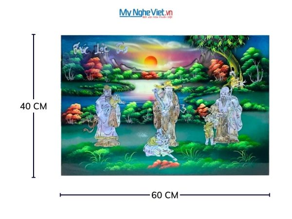 Tranh Sơn Mài Phúc Lộc Thọ Cẩn Ốc Nền Xanh