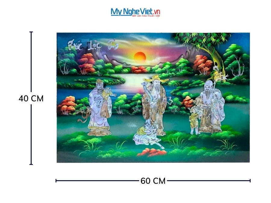 Tranh Sơn Mài Phúc Lộc Thọ Cẩn Ốc Nền Xanh