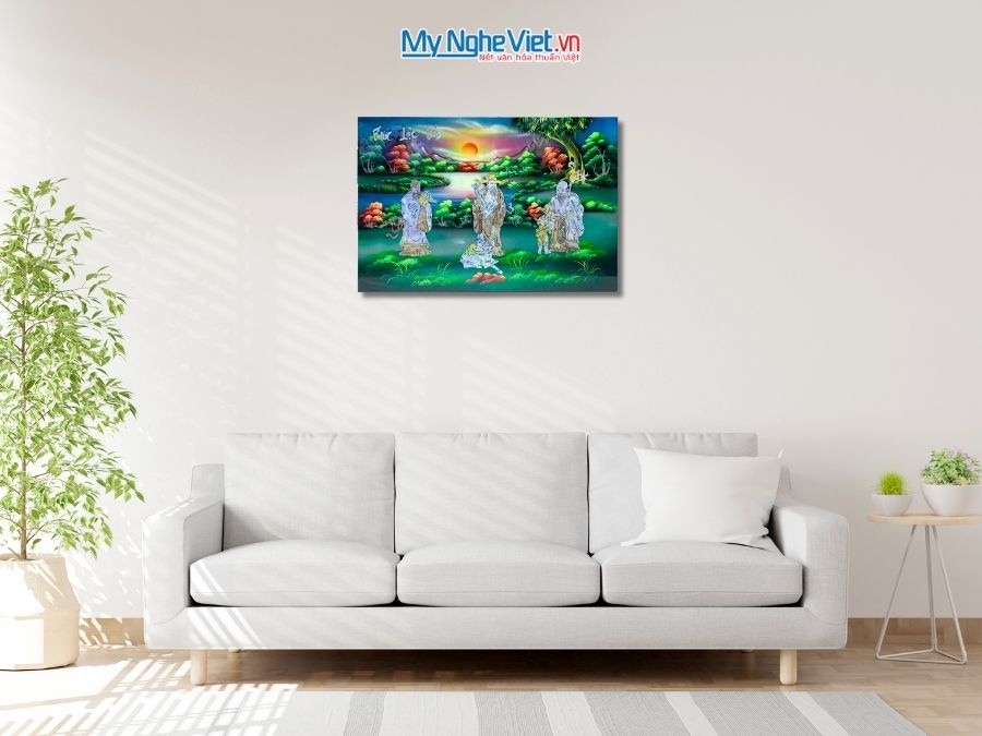 Tranh Sơn Mài Phúc Lộc Thọ Cẩn Ốc Nền Xanh
