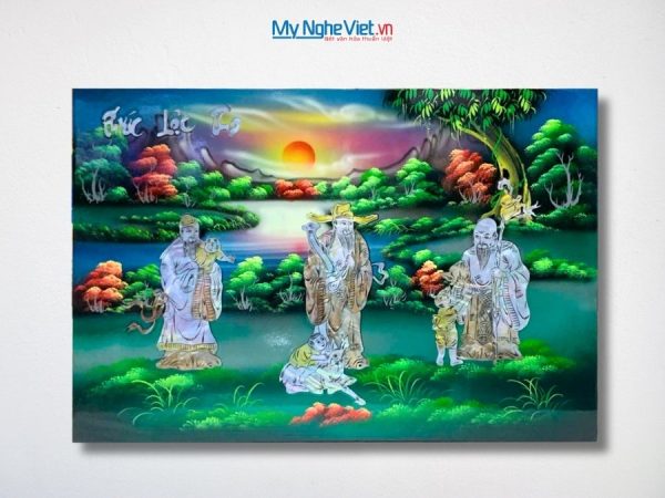 Tranh Sơn Mài Phúc Lộc Thọ Cẩn Ốc Nền Xanh