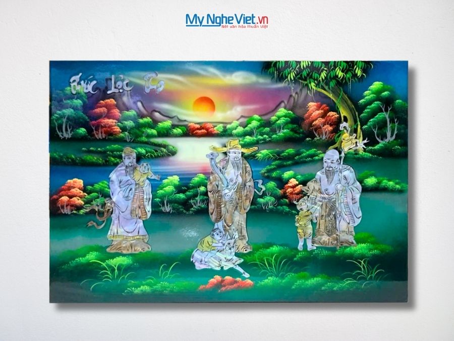 Tranh Sơn Mài Phúc Lộc Thọ Cẩn Ốc Nền Xanh