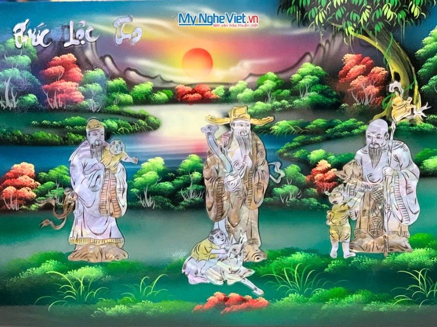 Tranh Sơn Mài Phúc Lộc Thọ Cẩn Ốc Nền Xanh