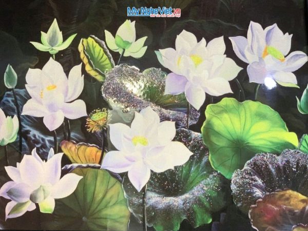 Tranh Sơn Mài Hoa Sen Dát Bạc Nền Đen