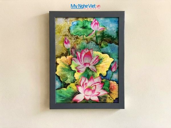 Tranh Sơn Mài Hoa Sen Dát Bạc Nền Xanh