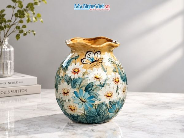 Bình Hoa Gốm Bát Tràng Vẽ Hoa Cúc