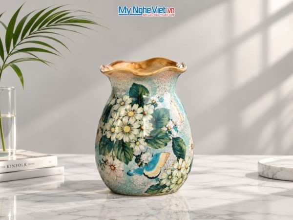 Bình Hoa Gốm Bát Tràng Vẽ Hoa Mai Trắng