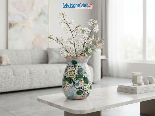 Bình Hoa Gốm Bát Tràng Vẽ Hoa Mai Trắng