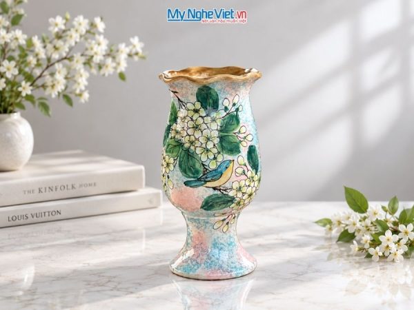 Bình Hoa Gốm Bát Tràng Vẽ Hoa Mai Trắng