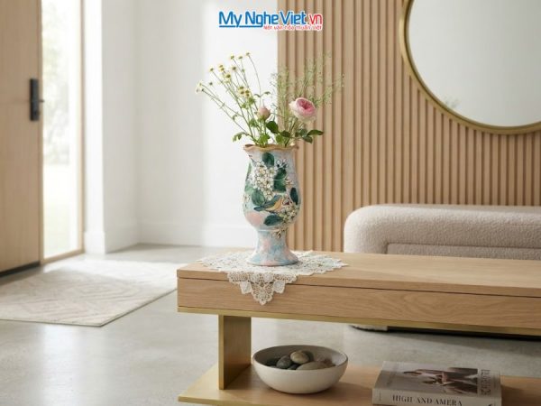 Bình Hoa Gốm Bát Tràng Vẽ Hoa Mai Trắng