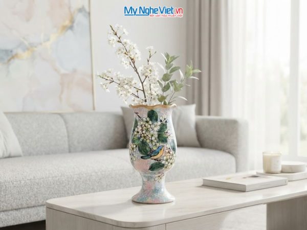 Bình Hoa Gốm Bát Tràng Vẽ Hoa Mai Trắng