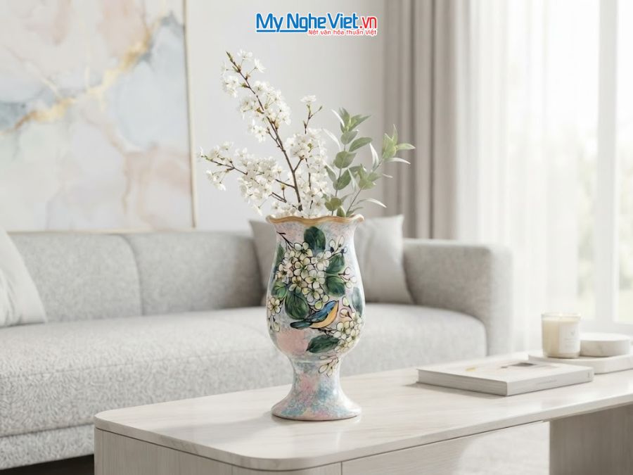 Bình Hoa Gốm Bát Tràng Vẽ Hoa Mai Trắng