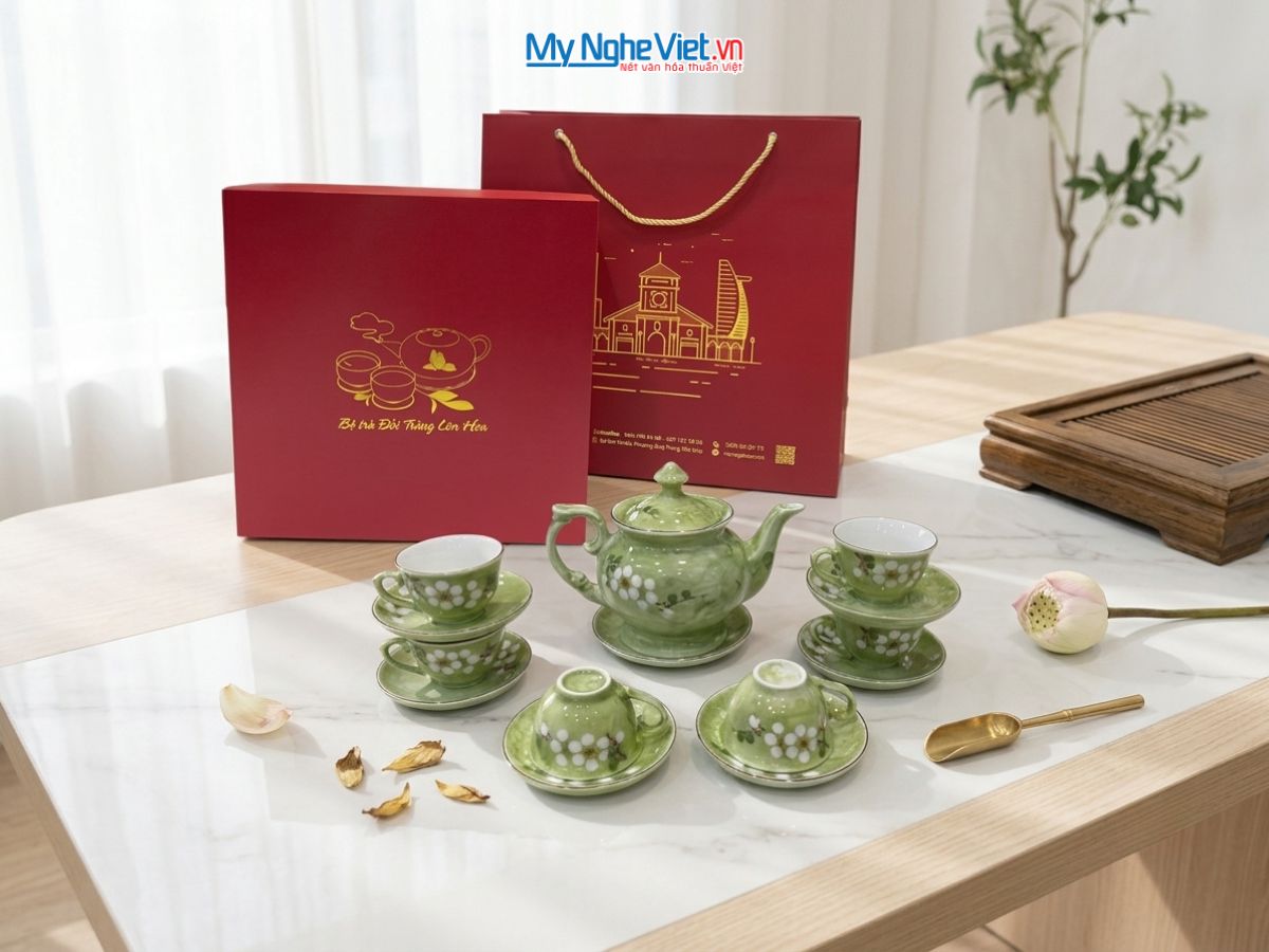 Bộ bình trà cát tường men vân đá