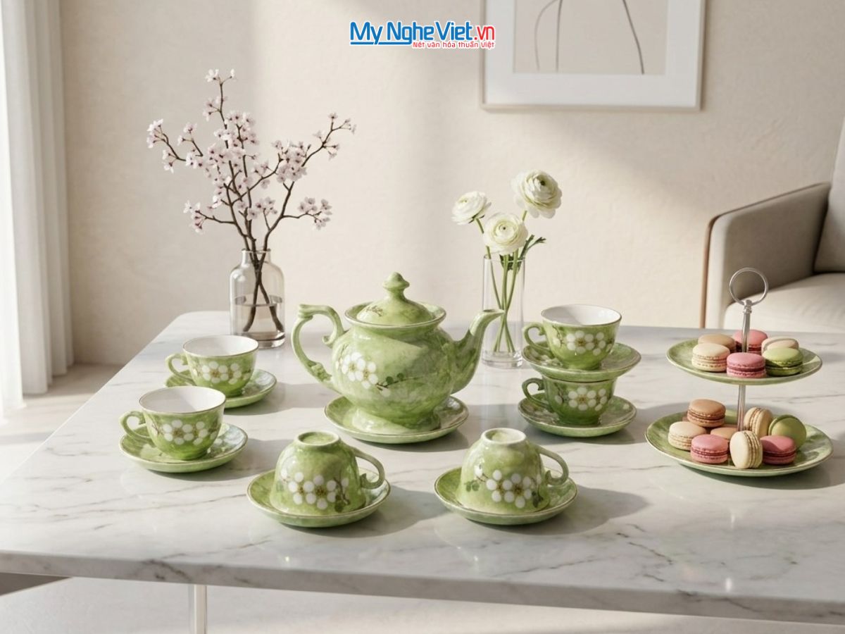 Bộ bình trà cát tường men vân đá